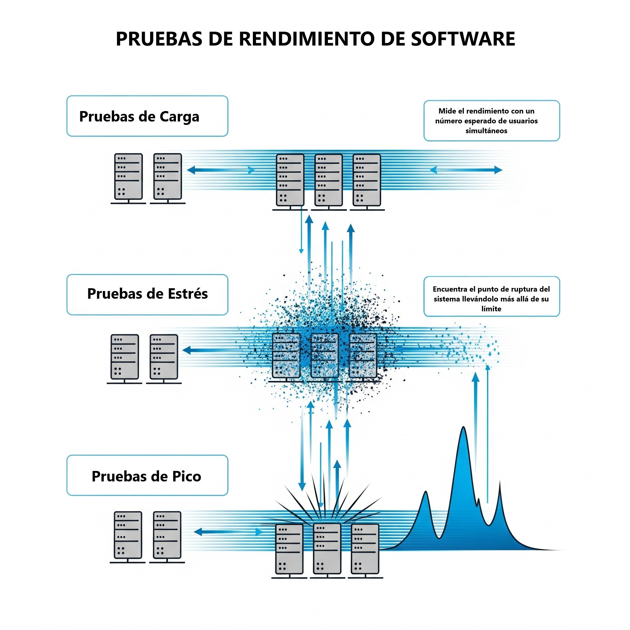 Diagrama del proceso de pruebas de rendimiento con sus diferentes tipos, pruebas de carga, pruebas de estrés y pruebas de pico.