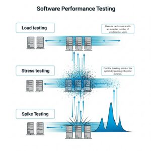 Infographic showing the different types of performance testing: load, stress, and spike testing.