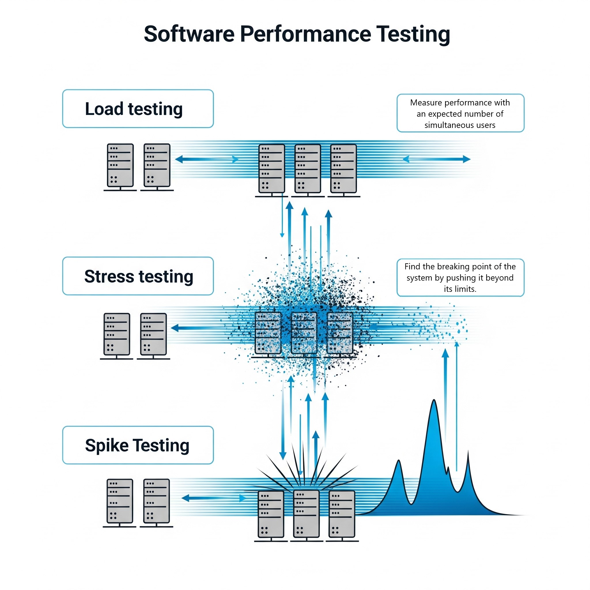 Infographic showing the different types of performance testing: load, stress, and spike testing.
